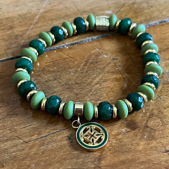 Rustic Cuff  Dark Green Jade Faceted Beads & Silicone Logo Stretch Bracelet - Picture 4 of 4